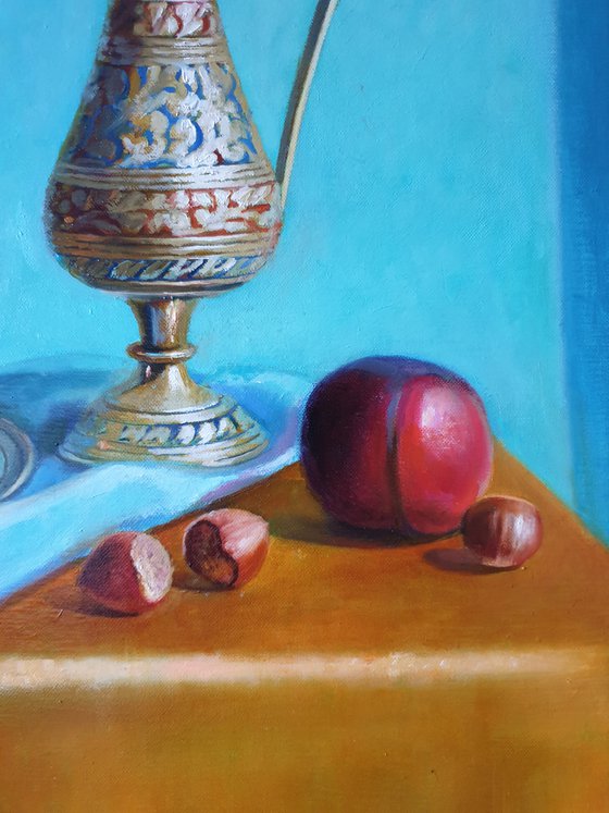 "A leisurely morning visiting Bahar. "   still life plums hazelnut  liGHt original painting PALETTE KNIFE  GIFT (2021)