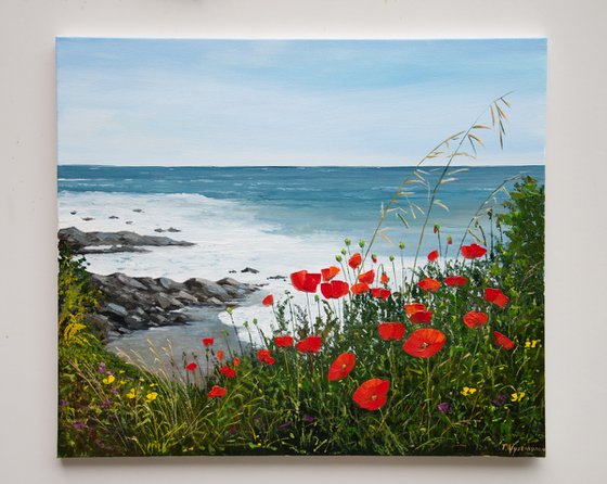 Seascape. Oil painting. Red poppies and sea. On canvas. 24 x 28in.