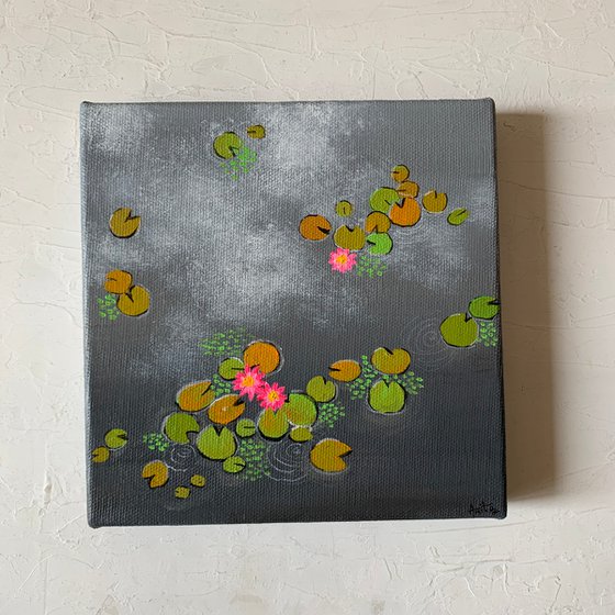 Grey water lilies III ! Small Painting!!  Ready to hang