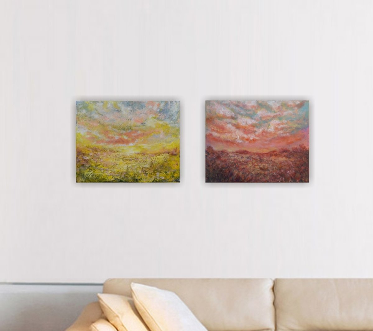 FROM DAWN TO SUNSET, 60x24cm, diptych field meadow landscape by Emilia Milcheva