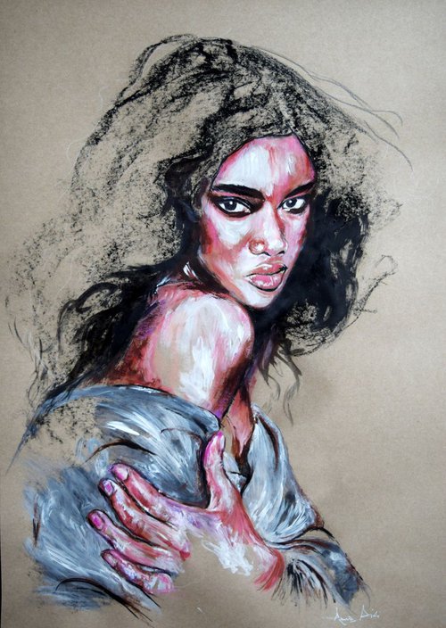 Her gaze / 60 cm x 42 cm Portrait painting on paper by Anna Sidi-Yacoub