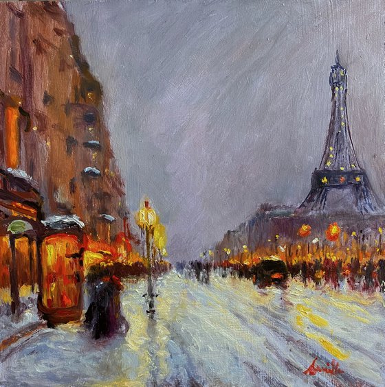 Paris in the snow with the Eiffel Tower. Original Cityscape Oil Painting.