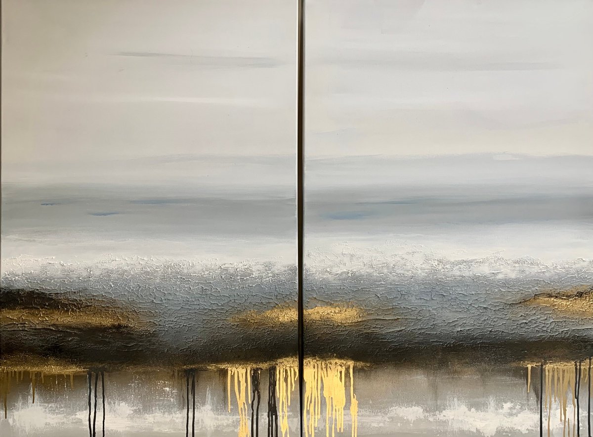 Large Grey And Gold Paintings Abstract Art - The Journey Diptych by Sarah Berger