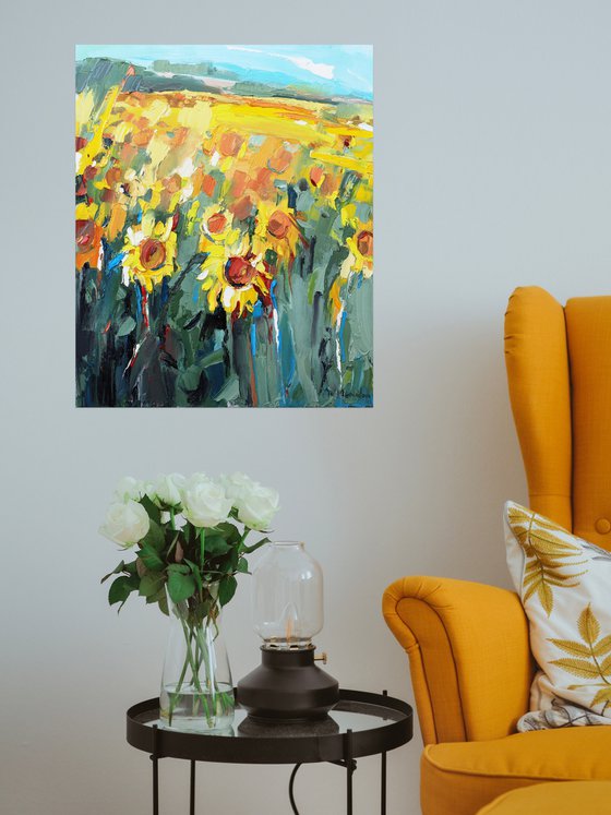 Sunflower - Yellow flowers - Landscape summer - Oil painting