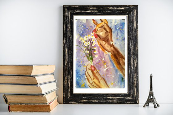 Daisy Painting Floral Original Art Hands Small Watercolor Camomile Artwork Flowers Home Wall Art 8 by 12" by Halyna Kirichenko