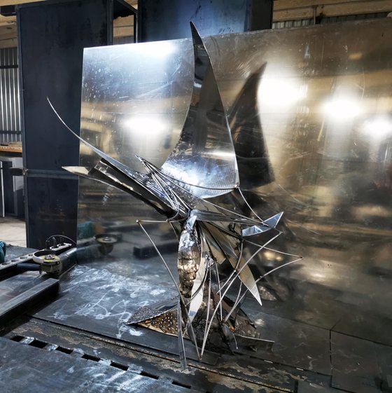 Stunning stainless steel welded large scale sculpture Space bird about flying brutalist deconstructivism by master Kloska