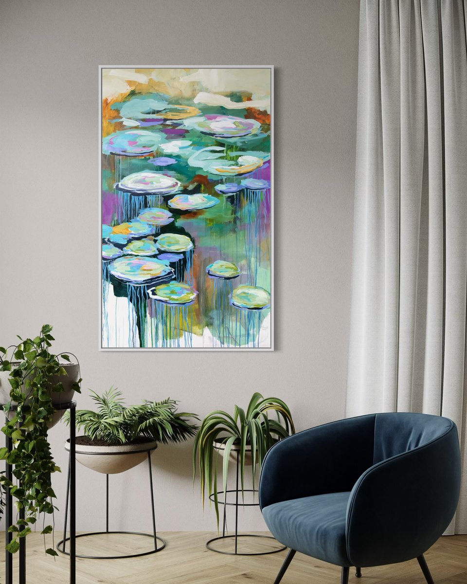 Impressionistic Botanical Acrylic Painting By Chantal Proulx, 36 X 59, Paix Et Silence, Original Artwork