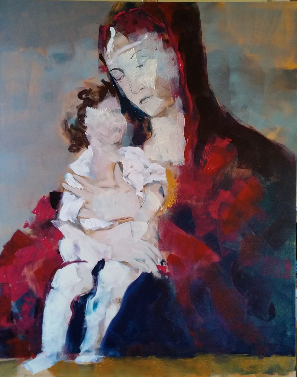 Expressive Portrait Acrylic Painting By Marina Del Pozo, 32 X 39", Madonna 20, Original Artwork