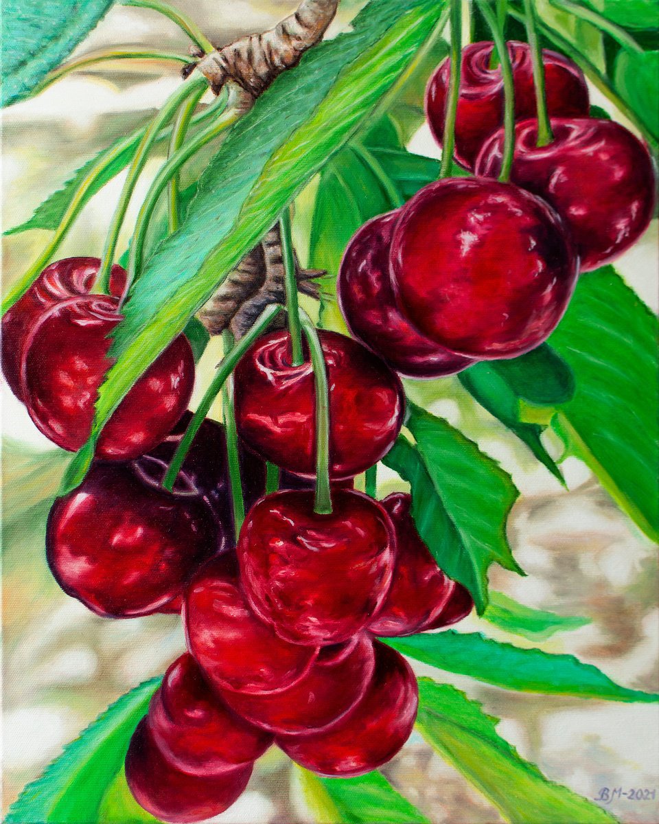 SWEET CHERRY by Vera Melnyk (gift, Original Oil Painting Gift for nature lovers) by Vera Melnyk