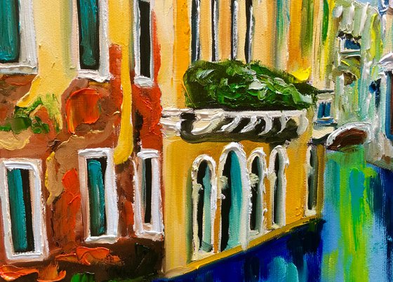 Venice #10. Canal . Water reflections. Oil painting, palette knife artwork