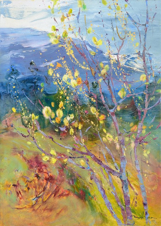 Moments of spring . Willow blossoms in the mountains . Original oil painting