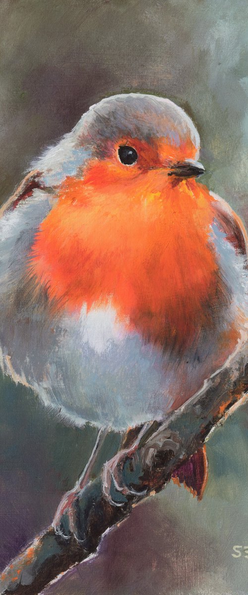 Robin oil painting, 'Red haired visitor' by Lucia Verdejo