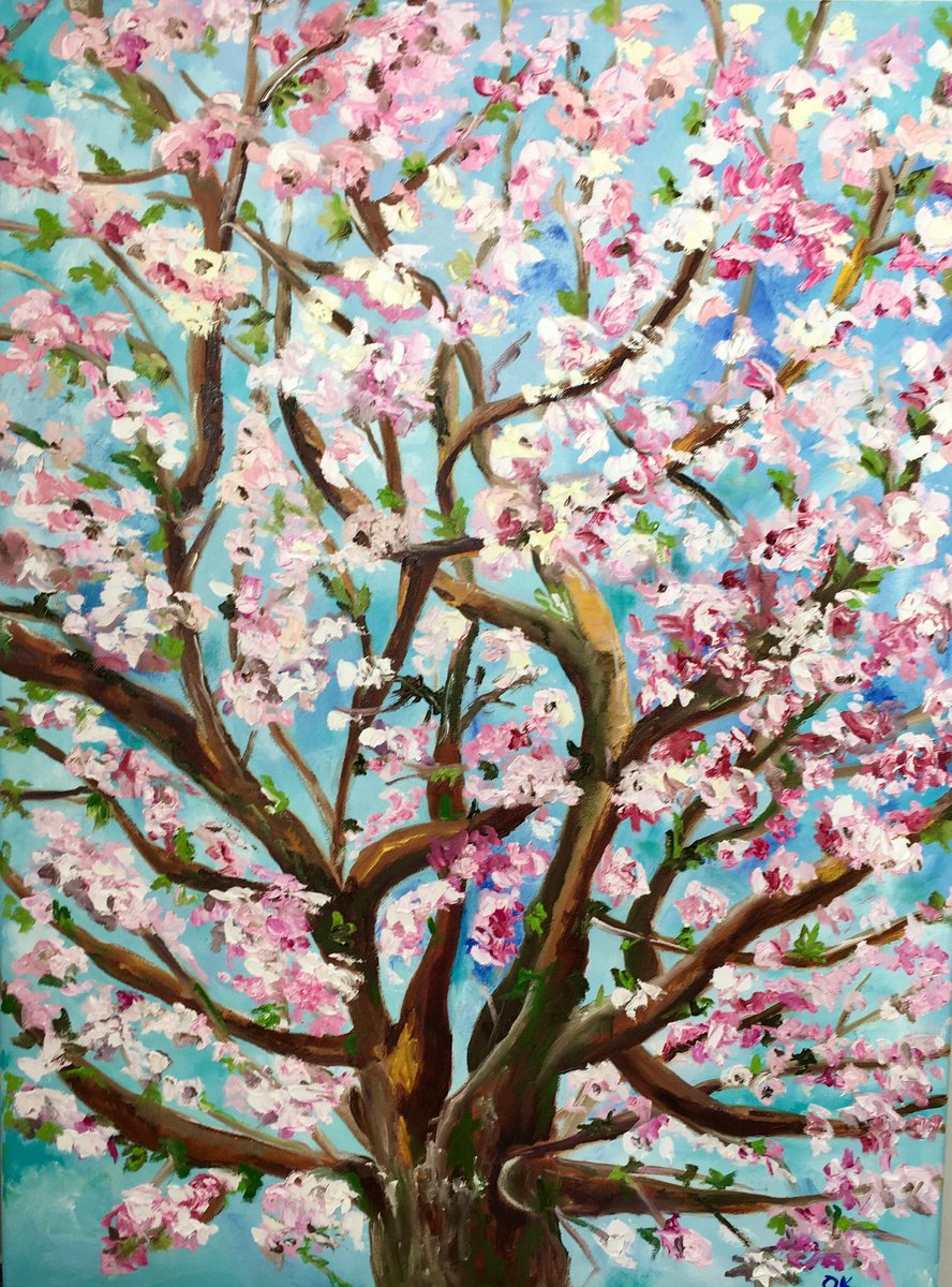 Cherry blossom, tree spring in London white, pink, turquoise ready to hang oil painting by Olga Koval