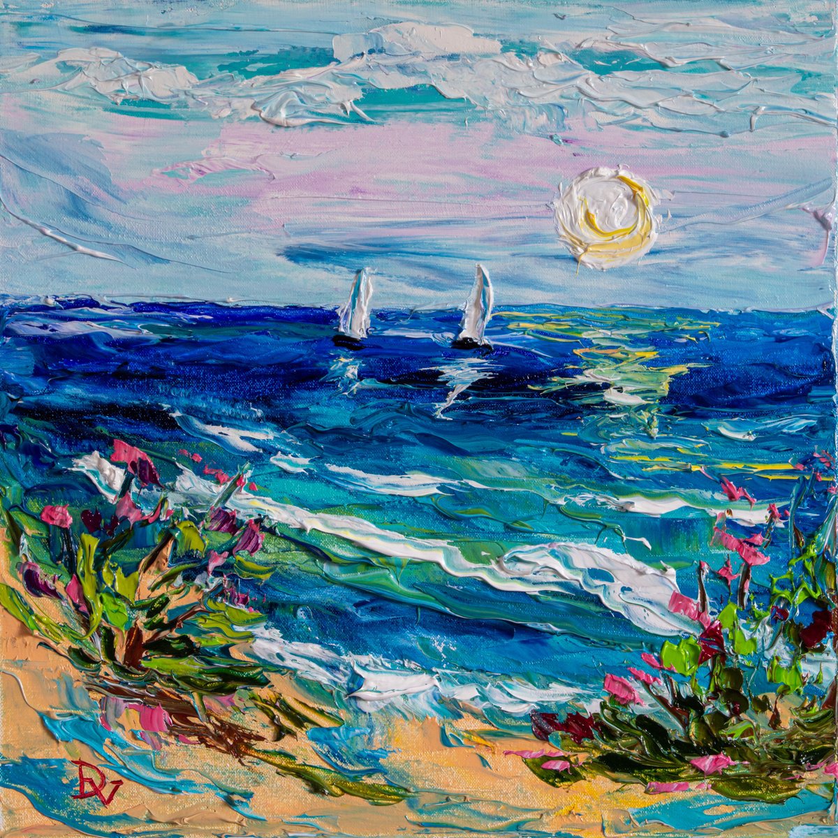 Impressionistic Landscape Oil Painting By Vladyslav Durniev, 12 X 12", Sunny Sailing, Original Artwork