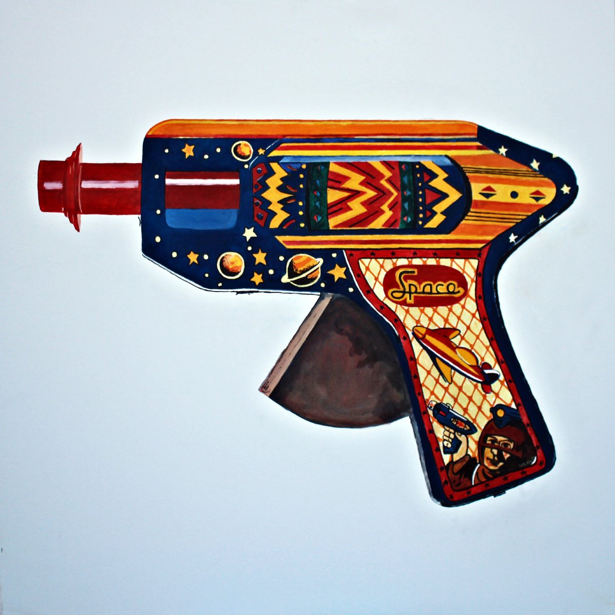 Photorealistic Still Life Oil Painting By Ken Vrana, 36 X 36", Space Gun, Original Artwork