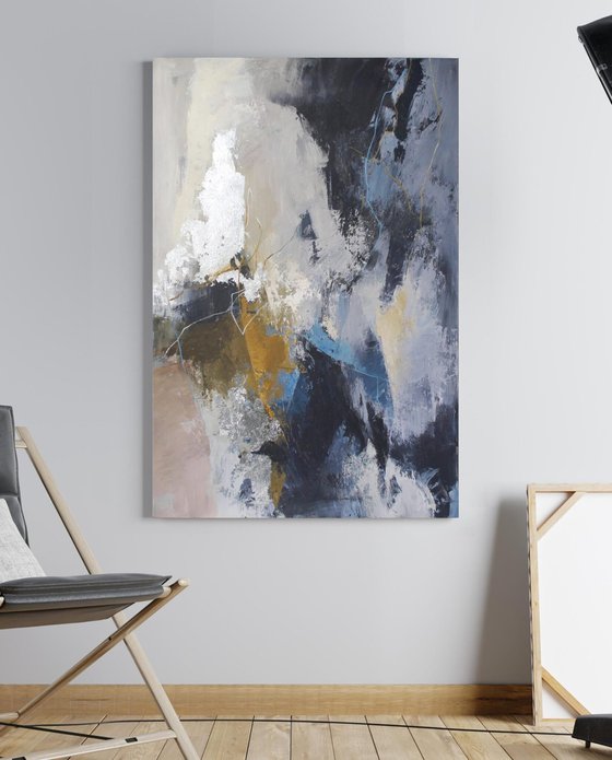 "Glory" Abstract navy blue silver acrylic art