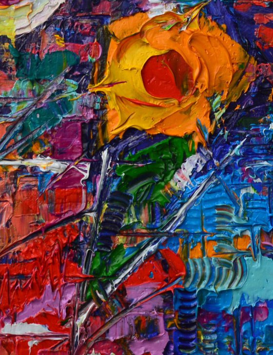 ABSTRACT COLOURFUL FLOWERS - abstract modern impressionist contemporary floral art original palette knife oil painting