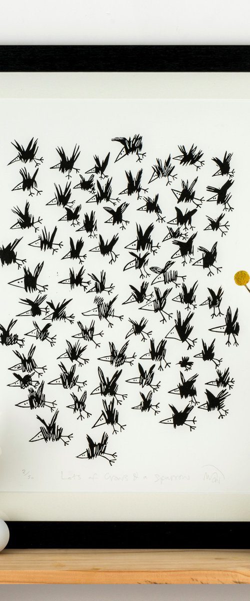 Lots of Crows and a Sparrow - lino print by Melanie Wickham