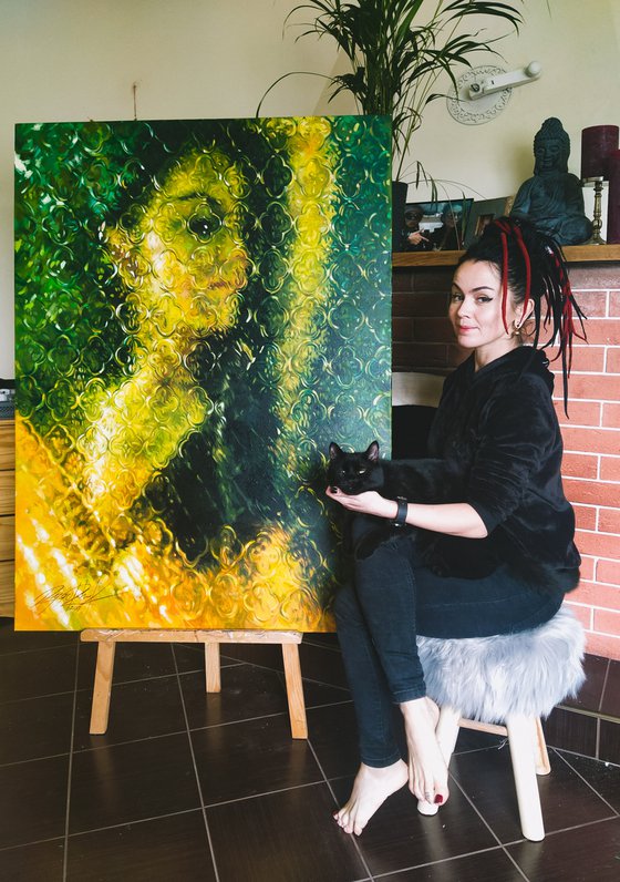 Blurred border,large acrylic art , big acrylic painting, girl behind glass art, green yellow painting, girl in painting, big abstraction
