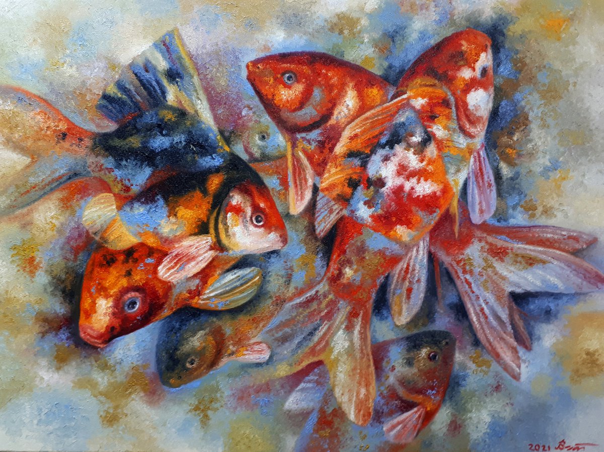 Impressionistic Animal Oil Painting By Serhii Voichenko, 32 X 24", Seven Goldfish, Original Artwork