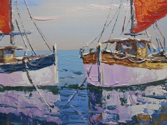 THE FISHING BOATS, palette knife oil on canvas, seascape  YOU CAN ORDER THE SAME PAINTING !