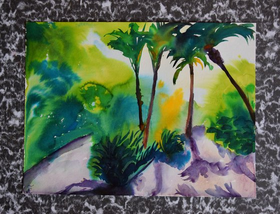 Abstract tropical trees original watercolor painting Spanish green forest