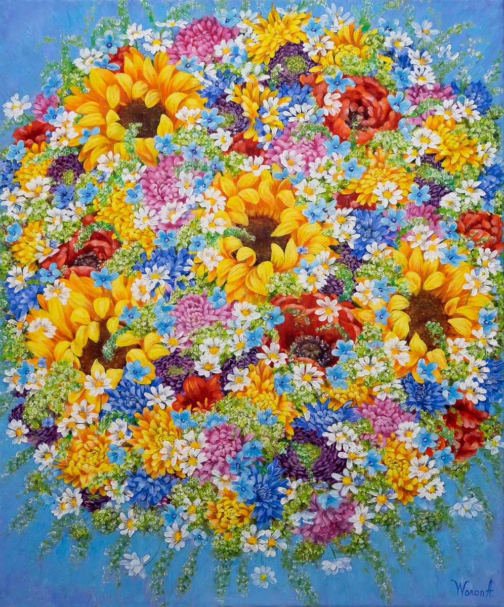 Impressionistic Botanical Oil Painting By Anastasia Woron, 16 X 20, Bouquet. The Happy Bouquet., Original Artwork