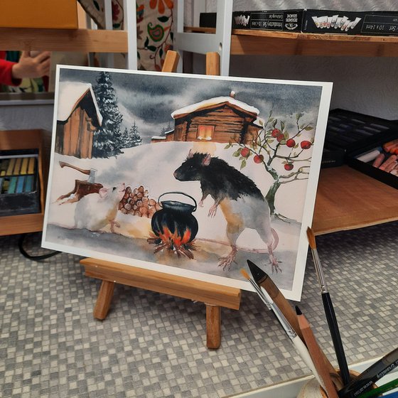 Snow Rat Cabin - original watercolour painting