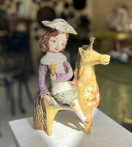 Vintage dressed girl with ice riding horse.