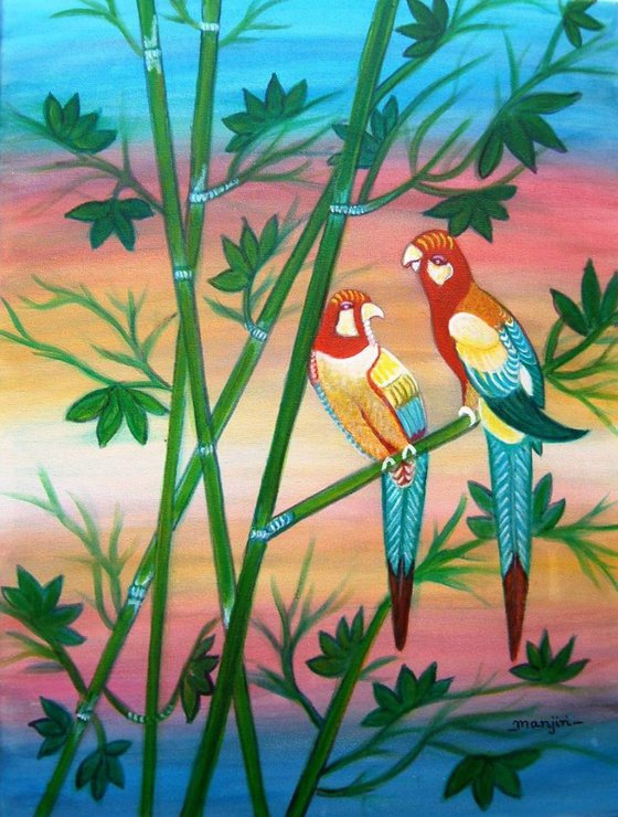 SALE! Birds in Paradise painting with soothing colors .