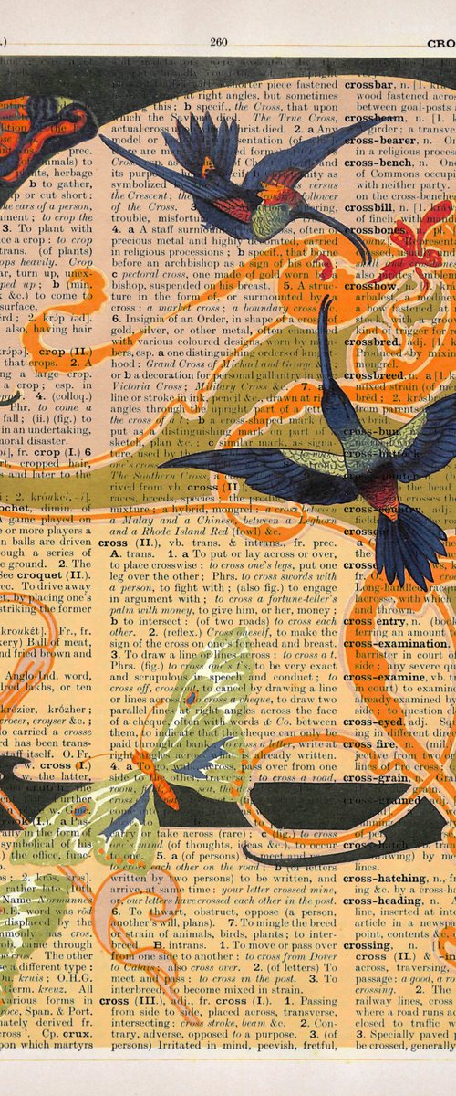 Hummingbirds, Butterflies, Art Nouveau - Collage Art Print on Large Real English Dictionary Vintage Book Page by Jakub DK - JAKUB D KRZEWNIAK