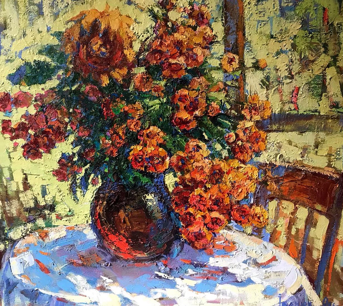 Impressionistic Botanical Oil Painting By Kalenyuk Alex, 35 X 31", Morning Flowers, Original Artwork