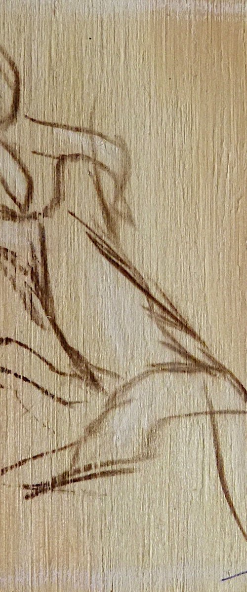 Cat and Bird, small drawing on wood 9x7 cm by Frederic Belaubre