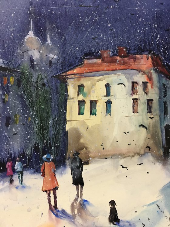 Watercolor “Beautiful Winter Evening”
