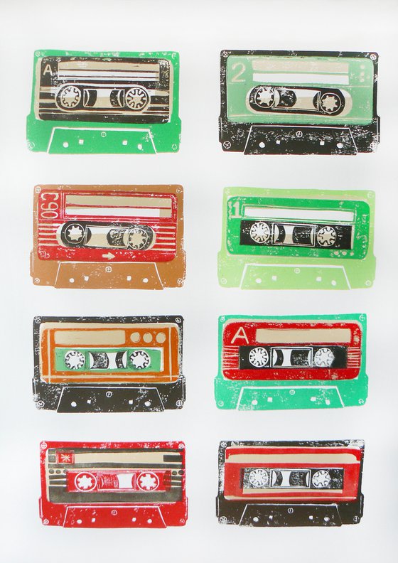 Linocut tapes #17 (cassette tapes, retro music, 70's, 80's rock culture)