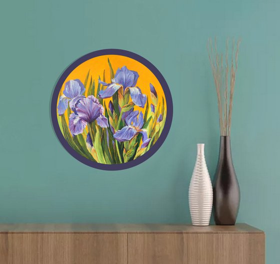 Irises. Spring 2022. No war. Round bright painting.