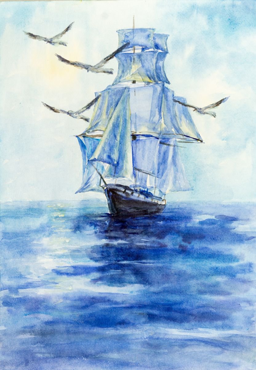 Impressionistic Transport Watercolour By Galyna Shevchencko, 16 X 24, Blue Sail, Original Artwork