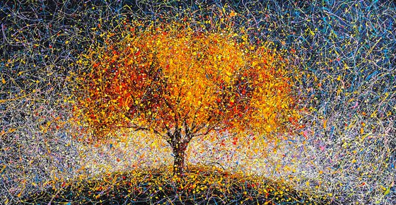 Large tree abstract painting Be like a tree Sun Autumn modern art Yellow orange three abstraction