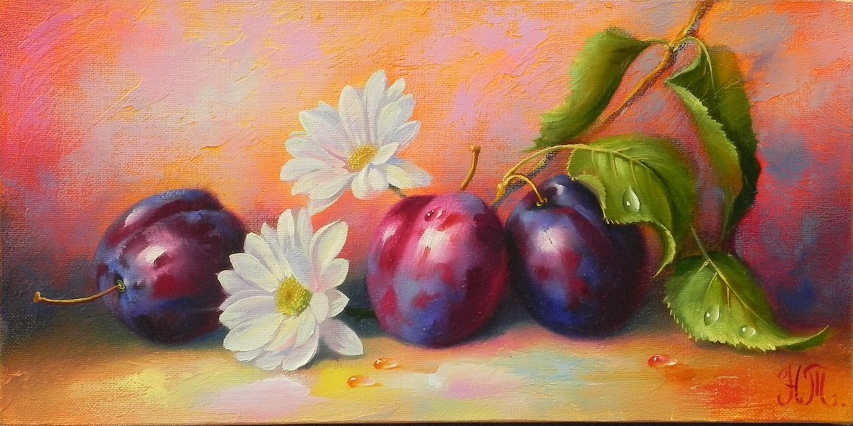 Photorealistic Still Life Oil Painting By Tetiana Novikova, 19 X 11", "Flowers And Plums", Original Artwork