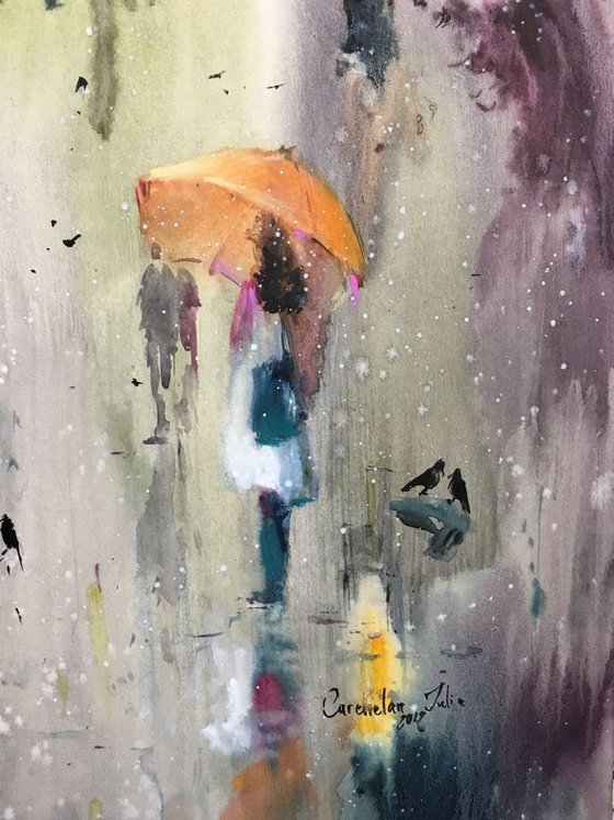 Watercolor "Cityscene with rain”