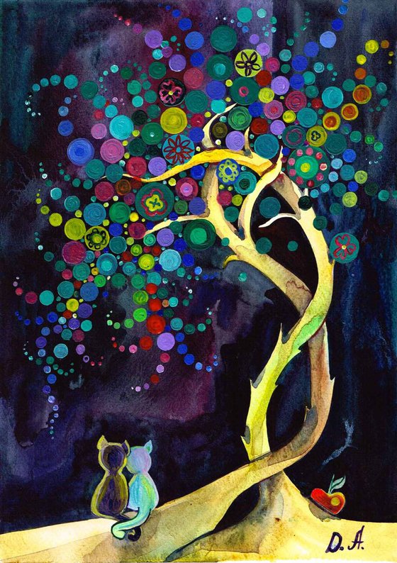 Cats in Love under the Entwined Multicolour Trees