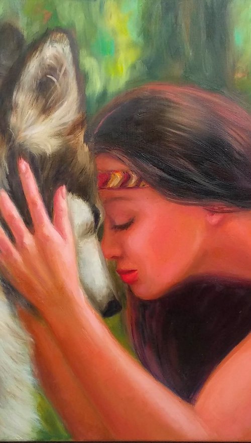 Portrait Woman and Wolf Friends Wildlife Dog lovers Twin Souls by Anastasia Art Line