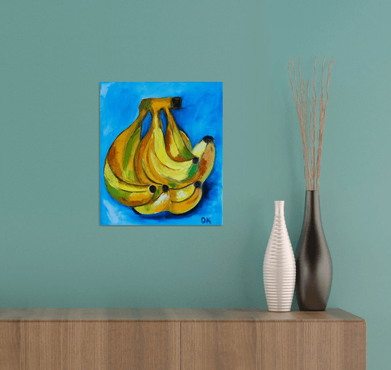 Bananas on  turquoise  Still life. Palette knife painting on linen canvas