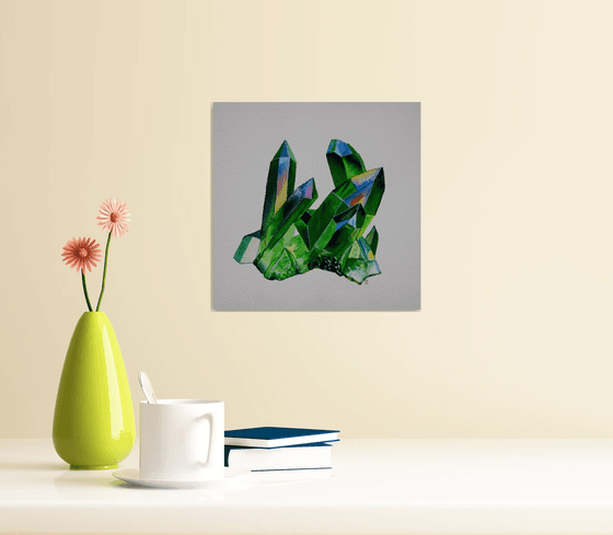 Crystal Painting, Green Quartz Art, Gemstone Watercolour Painting, Mineral Wall Art