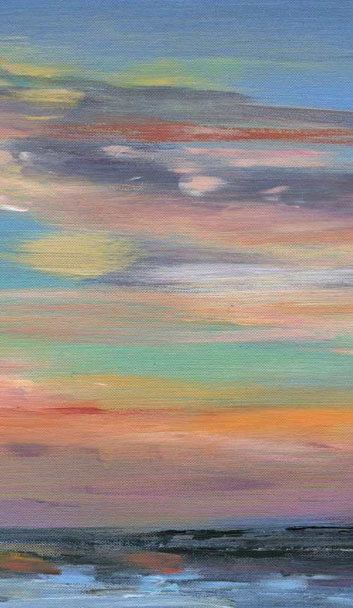 Abstract acrylic sea landscape painting , coastal sunset artwork , beach wall art with cloudy sky by Irina Povaliaeva