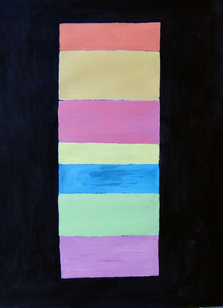 Geometric Abstract Acrylic Painting By Kay Macdonald, 18 X 24", Stacked Pastels Inside Black, Original Artwork