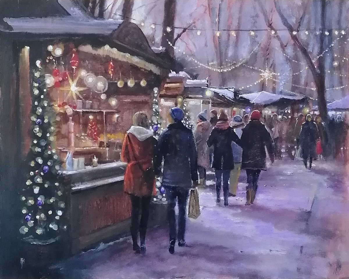 Impressionistic Cityscapes Acrylic Painting By Alan Harris, 20 X 16, Winter Market, Original Artwork