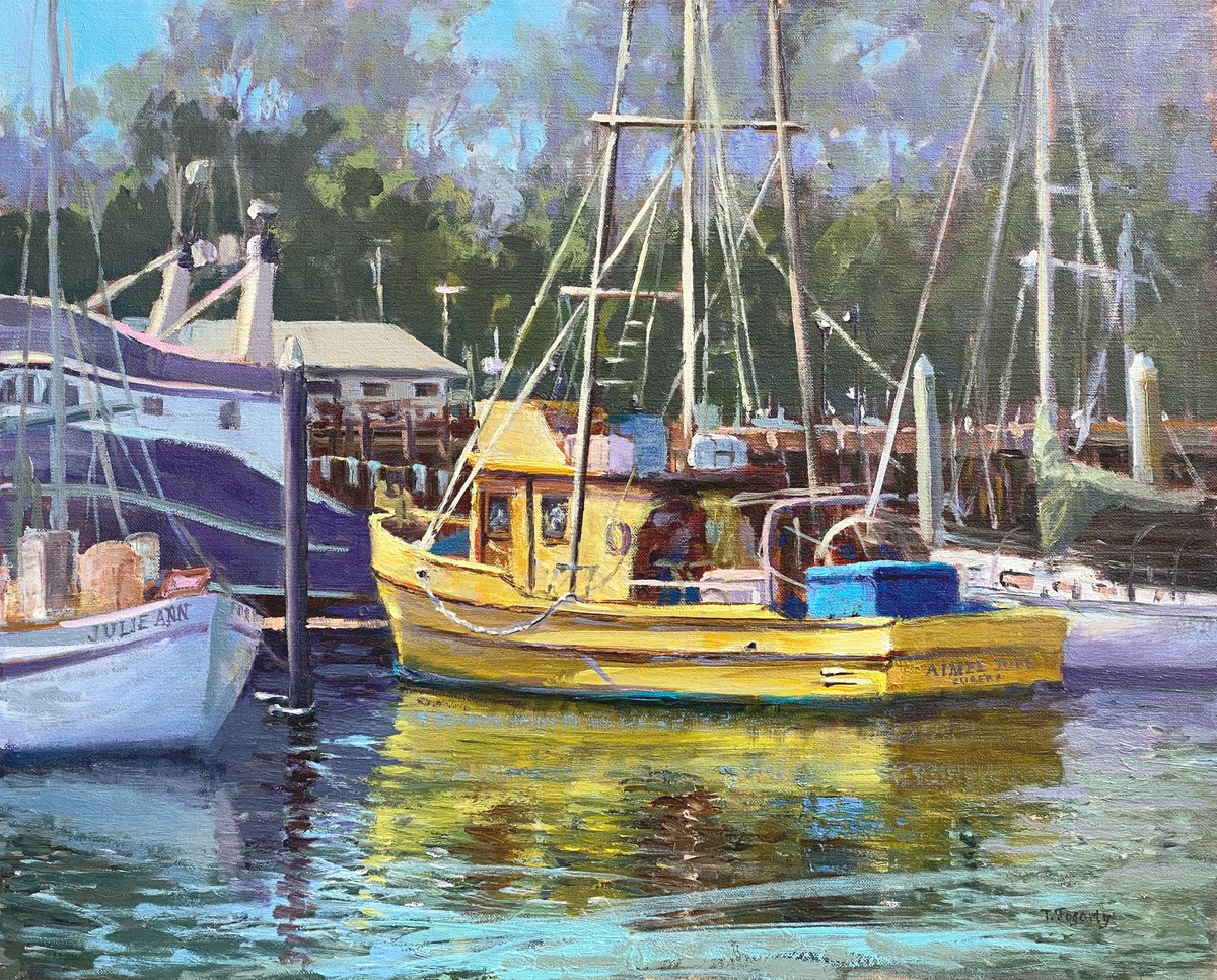 Impressionistic Landscape Oil Painting By Tatyana Fogarty, 20 X 16", Boats Anchored In Noyo Harbor, Original Artwork