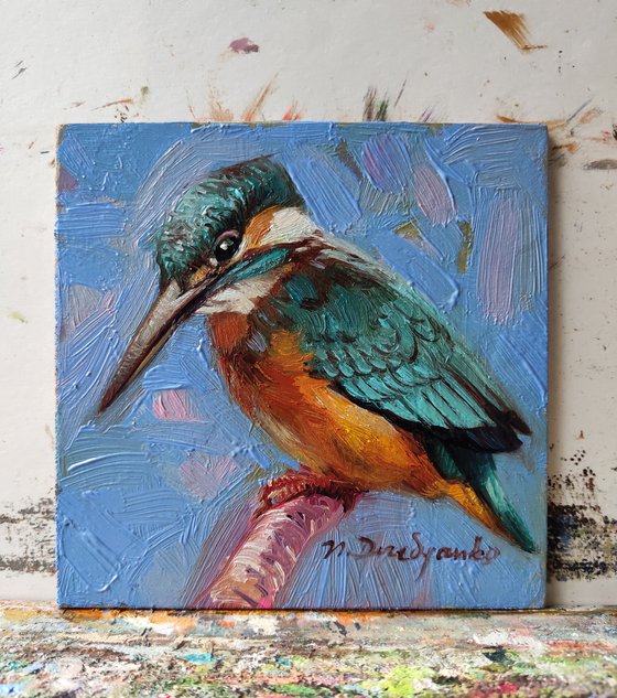 Small art Kingfisher bird painting original framed picture 4x4, Blue artwork bird wall art decor friendsgiving gift ideas