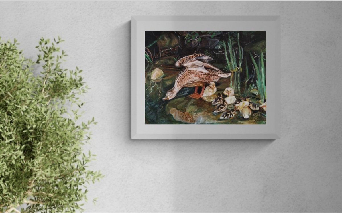 Animal Oil Painting By Viktoria Deri, 16 X 12", Duck Family, Original Artwork